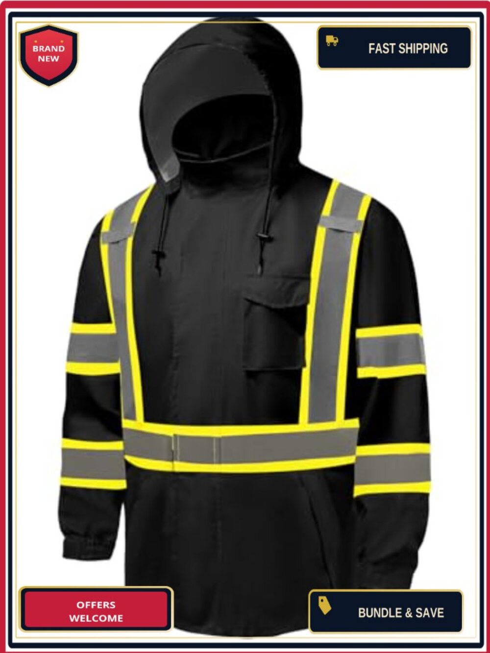 Hi Vis Rain Jacket Men Waterproof Class 3 Reflective Safety Coat with Black